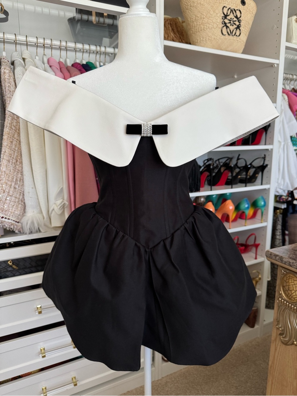 Elegant Off-Shoulder Black and White Mini Dress with Bow Detail